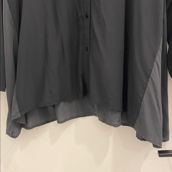 Eileen Fisher Black Silk Two Tone Button Down Tunic Mandarin Collar Size Medium - Picture 11 of 12